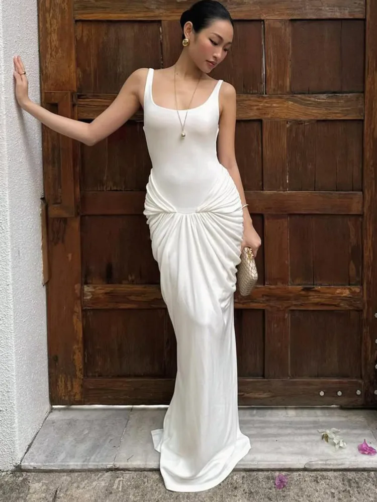 Oniflyme-Vestido largo liso sin mangas para mujer, vestido elegante con cuello en U y Espalda descubierta, vestidos ceñidos fruncidos drapeados, ropa de fiesta de noche Sexy