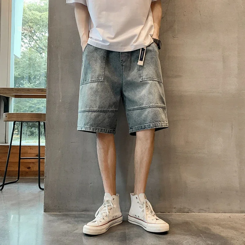 Loose Half With Pockets Long Man Denim Shorts Short Jeans Pants For Men Bermuda Baggy Wide Premium Original Luxury Blue Xl