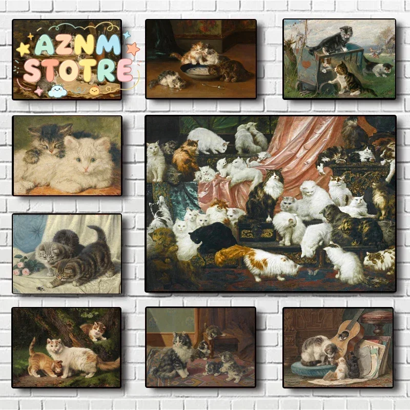 Retro Abstract Oil Painting Cute Funny Cat Playing and Making Trouble Poster Canvas Art Prints Home Room Wall Decoration Gift