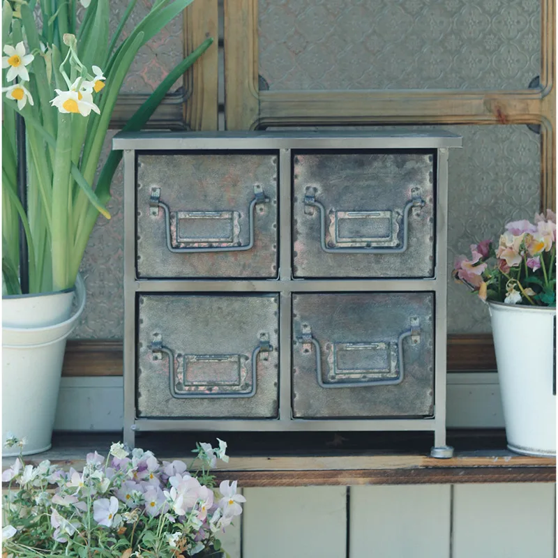 American Retro Storage Cabinet Metal 4-Drawer Cabinet Courtyard Decorative Item Vintage Industrial Pot Stand Aged Metal Accent