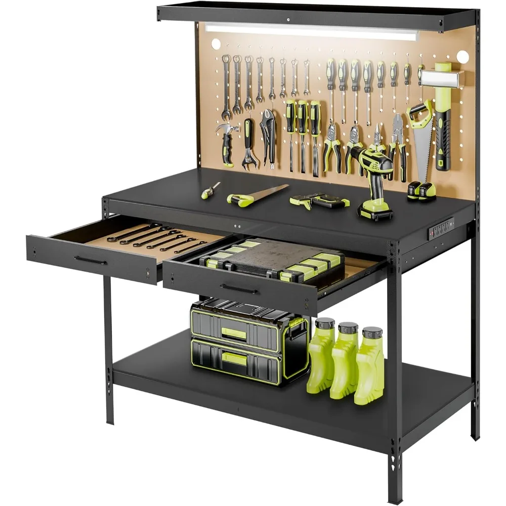 

Work Bench, Workbench with Power Outlets and Light, A3 Steel Work Table with Drawers Pegboard, 600LBS Capacity Garage Workbench