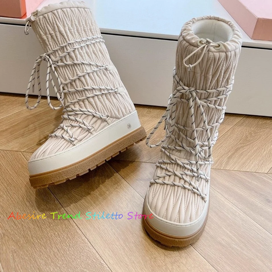 

Nylon Pleated Thick Soled Snow Boots 2024 New Winter New Sheepskin Wool Thick Warm Strap Tie Lace Up Long Boots for Women