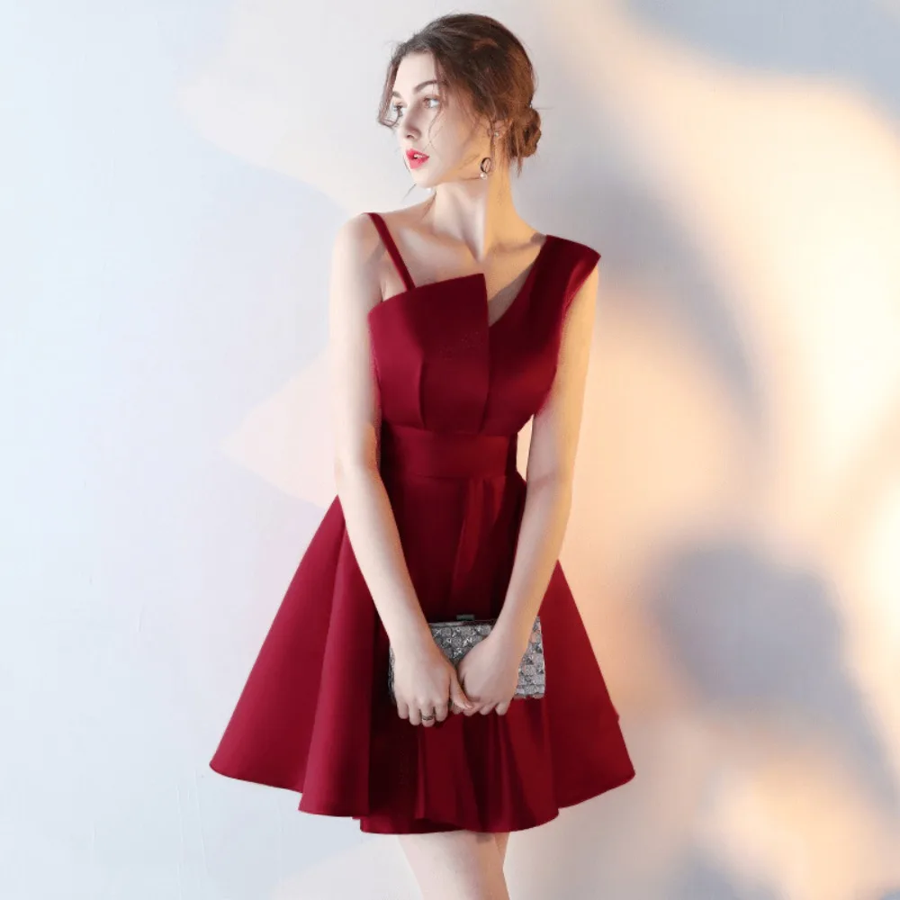 Burgundy vestido madrinha casamento Short Satin Straps A-line Silhouette Simple Elegant Party Dress Classic Evening Gown cheap