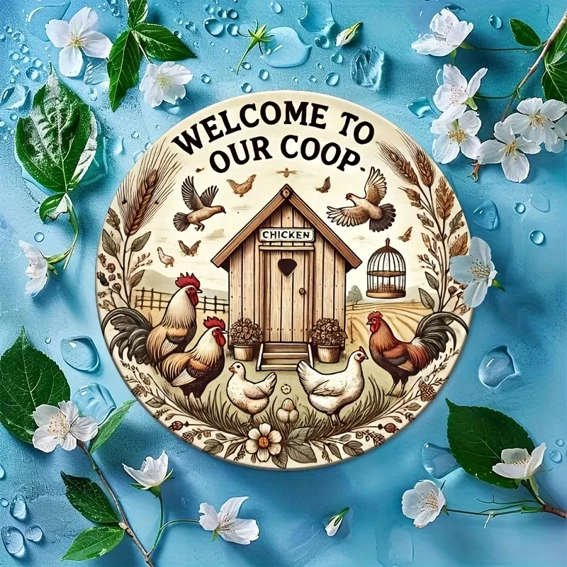 2D Flat, Vintage Farm Henhouse Metal Tin Sign - 19.81cm Round Welcome to Our Henhouse Wall Art, Featuring Hens, Roosters, and a Henhouse