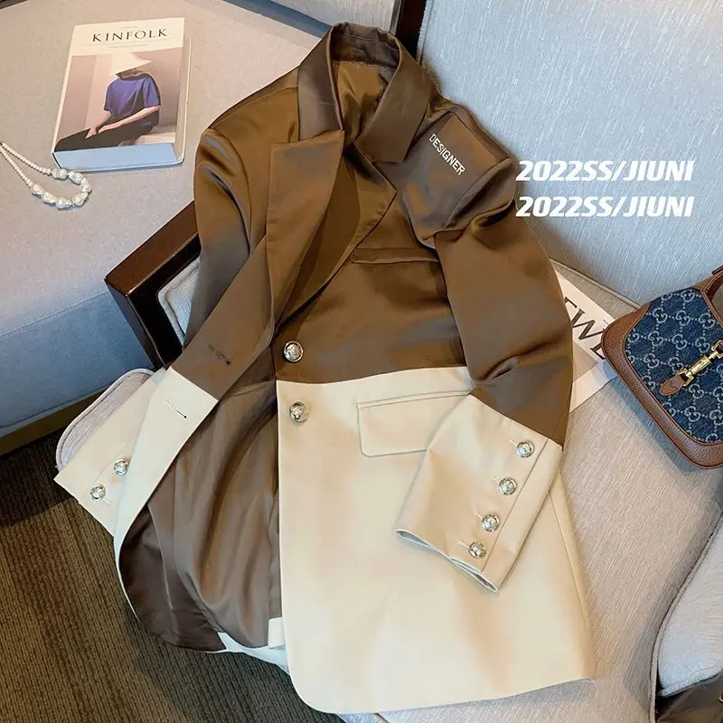 Fashion Color Contrast Splicing Retro Suit cappotto allentato donna primavera autunno 2022 New Temperament Khaki Blazer Ladies Jacket