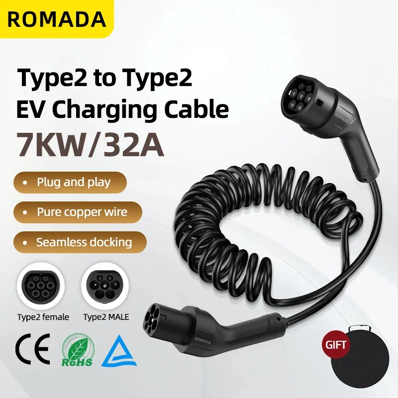 32A 7KW Type 2 to Type 2 Portable EV Charging Cable, 5M Spring Wire IEC62196 Extension Cord for EV Station, One Phase with TUV