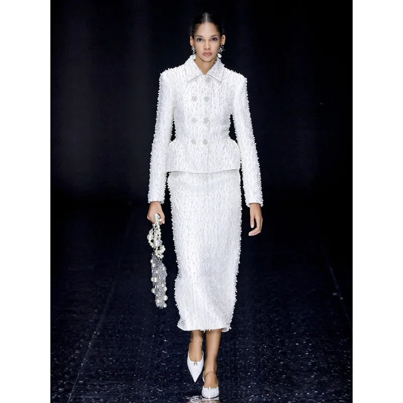 White pearl elegant small fragrant coat women's new straight skirt set high sense