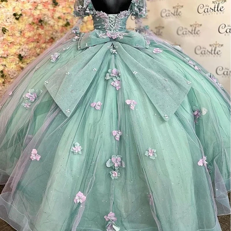 Gaun bunga hijau muda gadis Quinceanera gaun Tulle Glitter Sweetheart applique 3D gaun pesta ulang tahun kontes