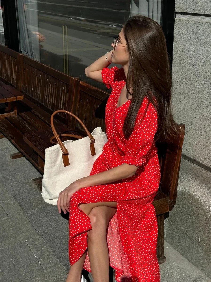 Wolfeel Red Polka Dot Dress Women Summen Loose V-Neck Fashionable And Chic Office Lady Long Skirt Commuting Versatile Dress