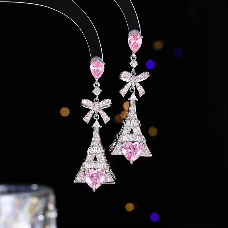 Cross-border new earrings heavy industry luxury inlaid zircon light luxury personalized design love bow iron tower earrings