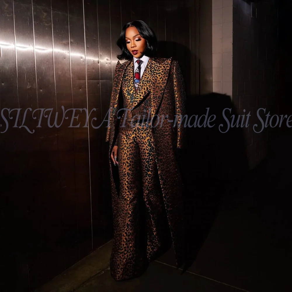 

Luxury Leopard Print Female Suits 3 Pieces Coat Jacket Pants Vintage Full Blazer Set Temperament Chic Outfits Conjuntos De Mujer