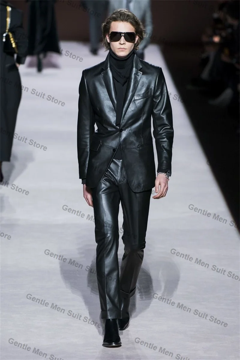 

Black PU Leather Men Suits 2 Piece Blazer+Trousers Elegant Wedding Tuxedo Male Prom Coat Customized Formal Office Jacket