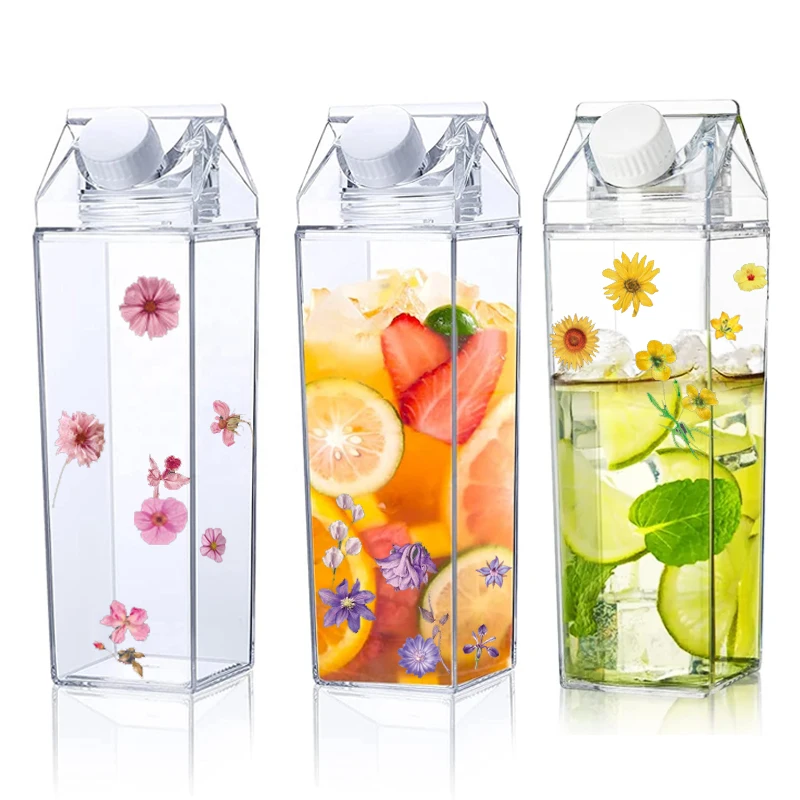 1000ml Acrylic Milk Box Transparent Water Bottle with DIY Flower Stickers Plastic Clear Colored  Carton Shaped Juice Bottle