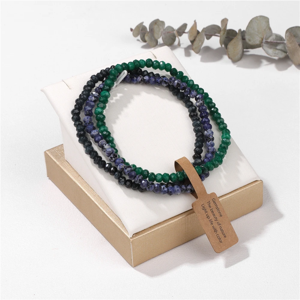 3pcs/Lot Faceted Natural Stone Beaded Bracelets With Wish Card 3*4mm Multicolour Crystal Elastic Bracelet Women Men Healing Gift