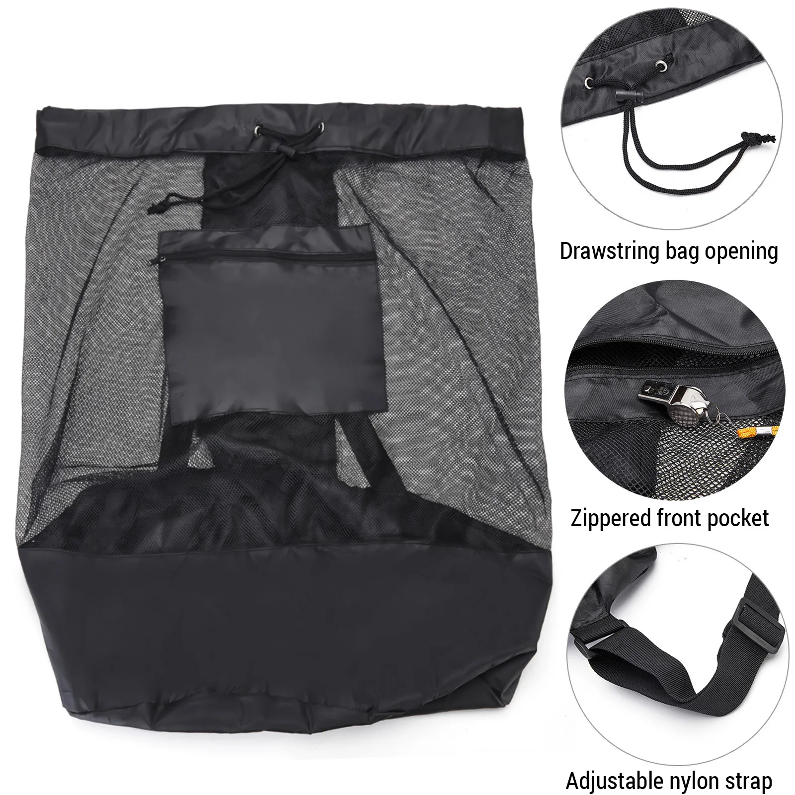 Large Capacity Soccer Bags For Coaches Footbal Basketball Drawstring Design Mesh Bag with a Zippered Front Pocket