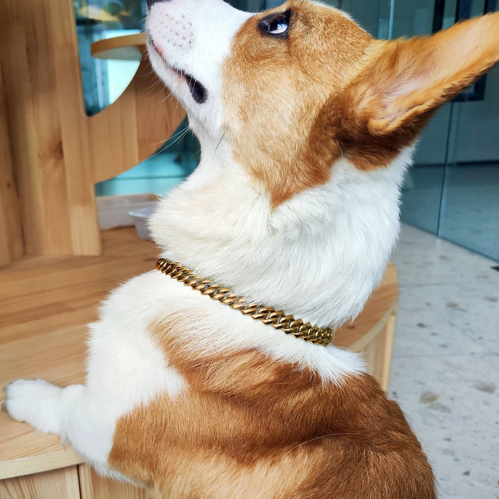 Dog Collar Chain Luxury Pet Cat Cuban Chain Collar For Small Medium Large Dogs 14MM Chunky Pet Necklace Jewelry Accessories