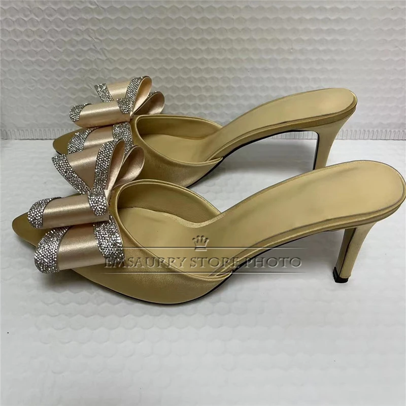 Jeweled Crystal Butterfly-Knot Sandals Women 8cm Thin High Heel Luxury Satin Pointed Toe Slingbacks Summer Mules