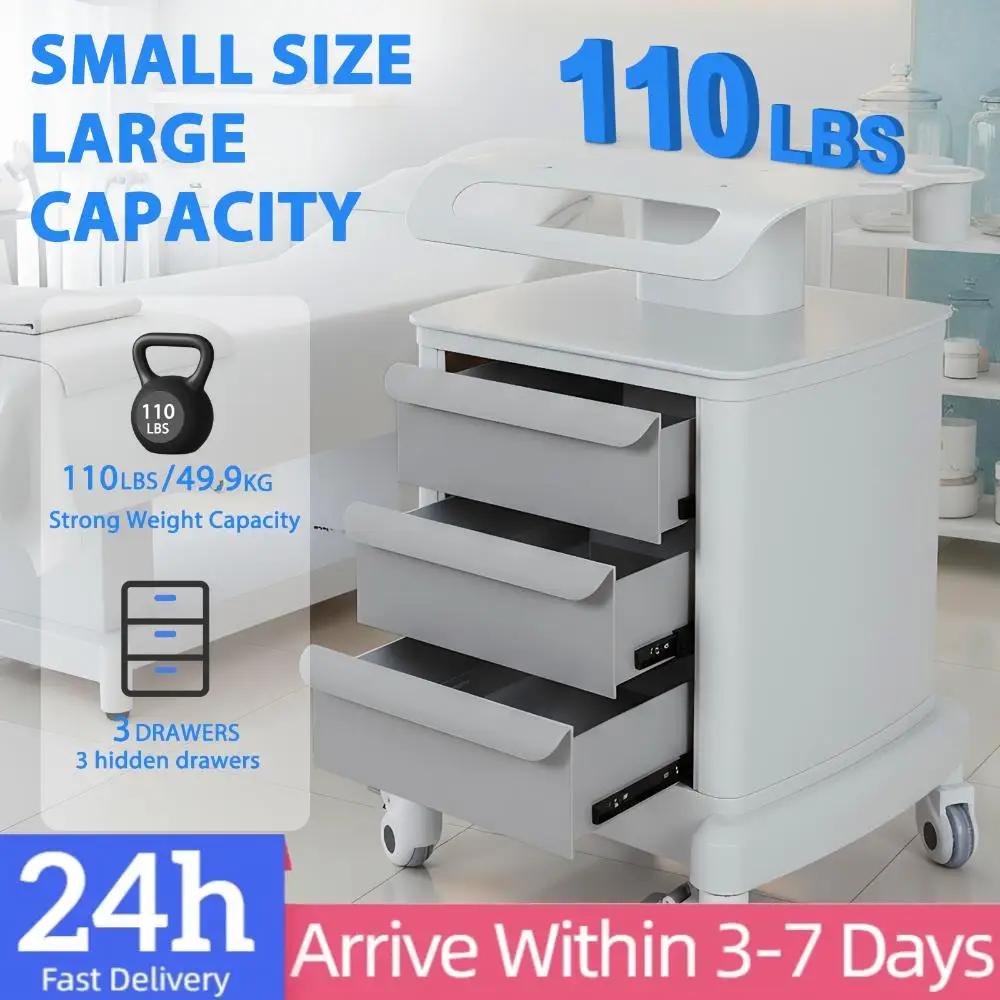 Mobile Medical Trolley 110LBS Load Esthetician Machine Stand with 3 Drawers 4 Wheels for Hospital Dental Clinics Beauty Salons