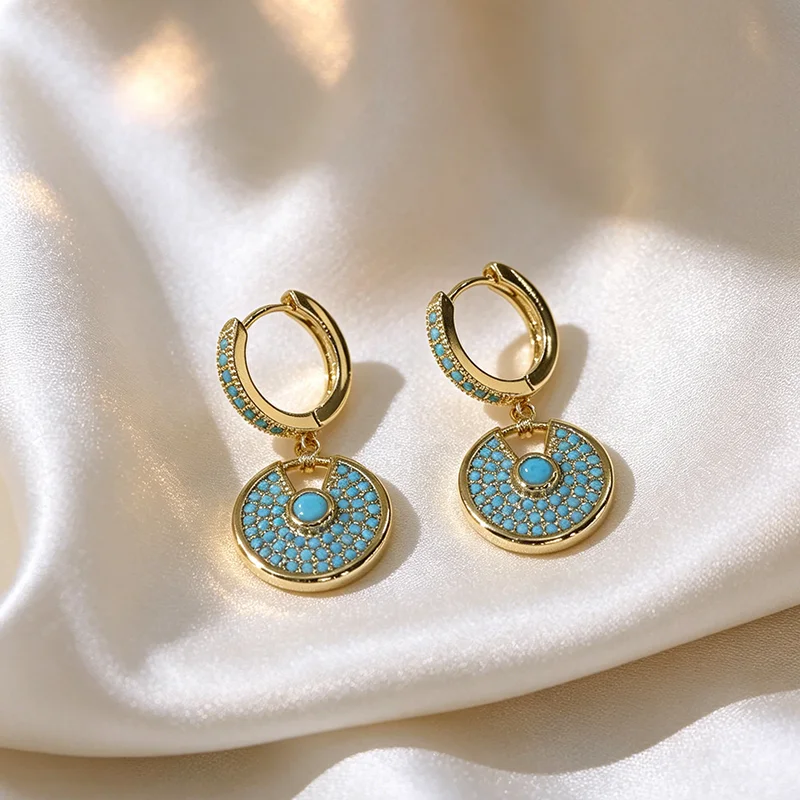 Boho Türkis Eingelegte Runde Scheiben-Ohrhänger für Damen, 18K Vergoldete Tropfen-Ohrringe, Modischer Partyschmuck, Geschenk für Frauen – Detail 5