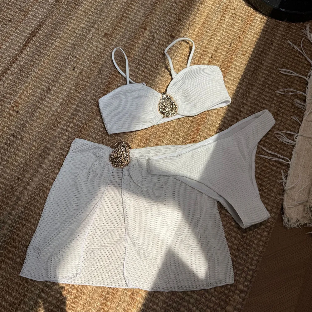 Sexy Bandeau Bikini Sling Swimsuit 3-piece Short Skirt Set Women Metal Buckles Beachwear Vacation Swimwears Bathing Suit Bikinis