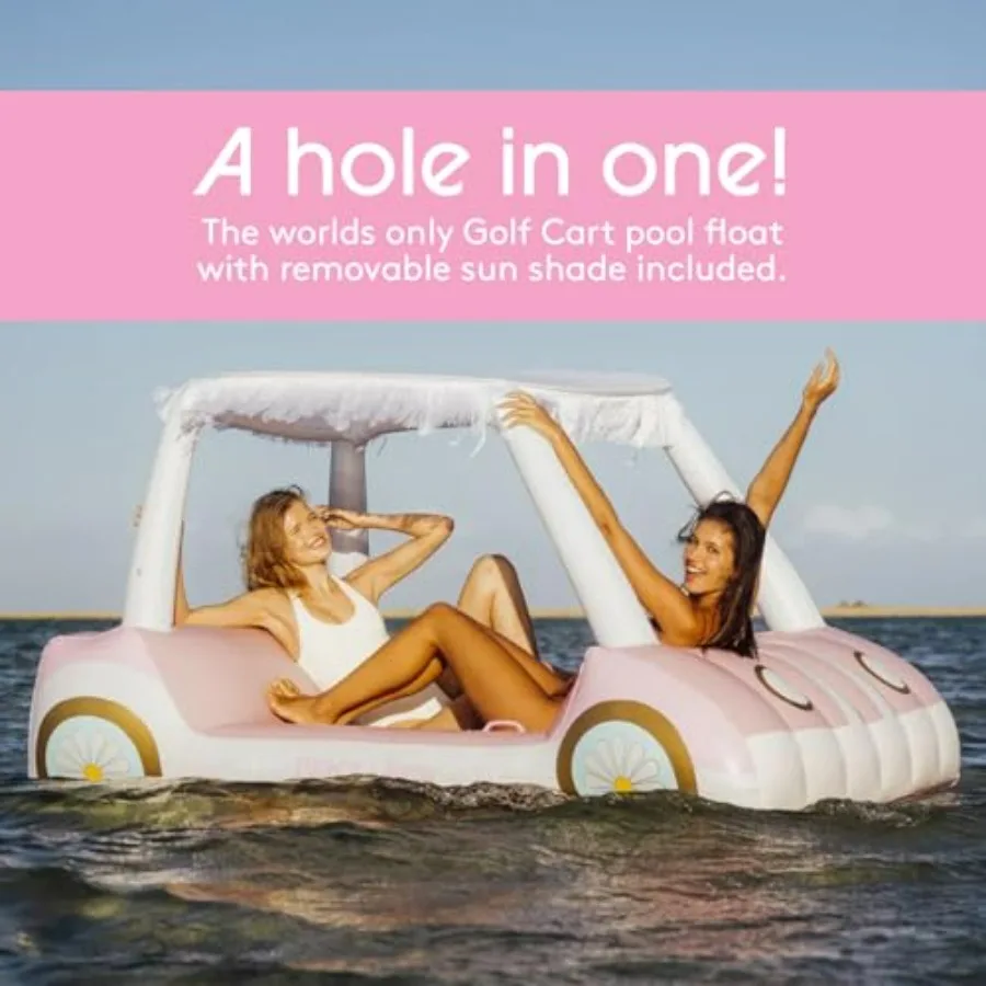 Golf cart pool float for summer pool parties, lake vacation use; PVC material, blue color; includes cup holder removable fringe