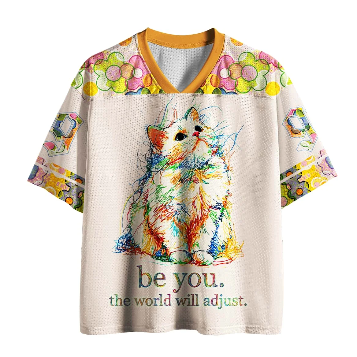 camiseta-unissex-estampada-em-3d-com-gatinho-colorido-desenhado-a-mao-gola-v-solta-respiravel-e-de-secagem-rapida
