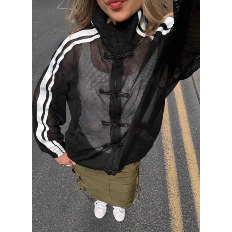 Sports style sun protection jacket for women, spicy girl, striped mesh, see through thin plate buckle cardigan