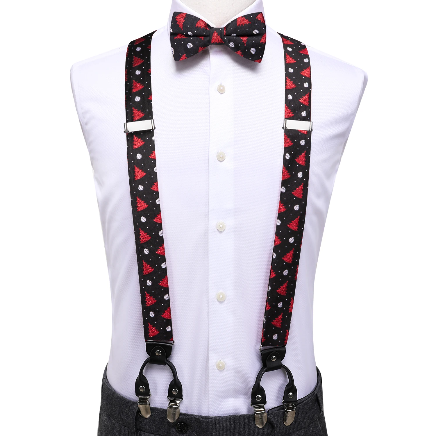 Hi-Tie Christams Black Red Silk Mens Suspender Fashion Suspender Xmas Bow Tie Leather Metal 6 Clips Suspender Braces Wholesale