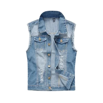 Men Denim Vests Jackets Waistcoats Light Blue Ripped Denim Coats Vests New Fashion Male Cotton Slim Black Jeans Waistcoats 6XL