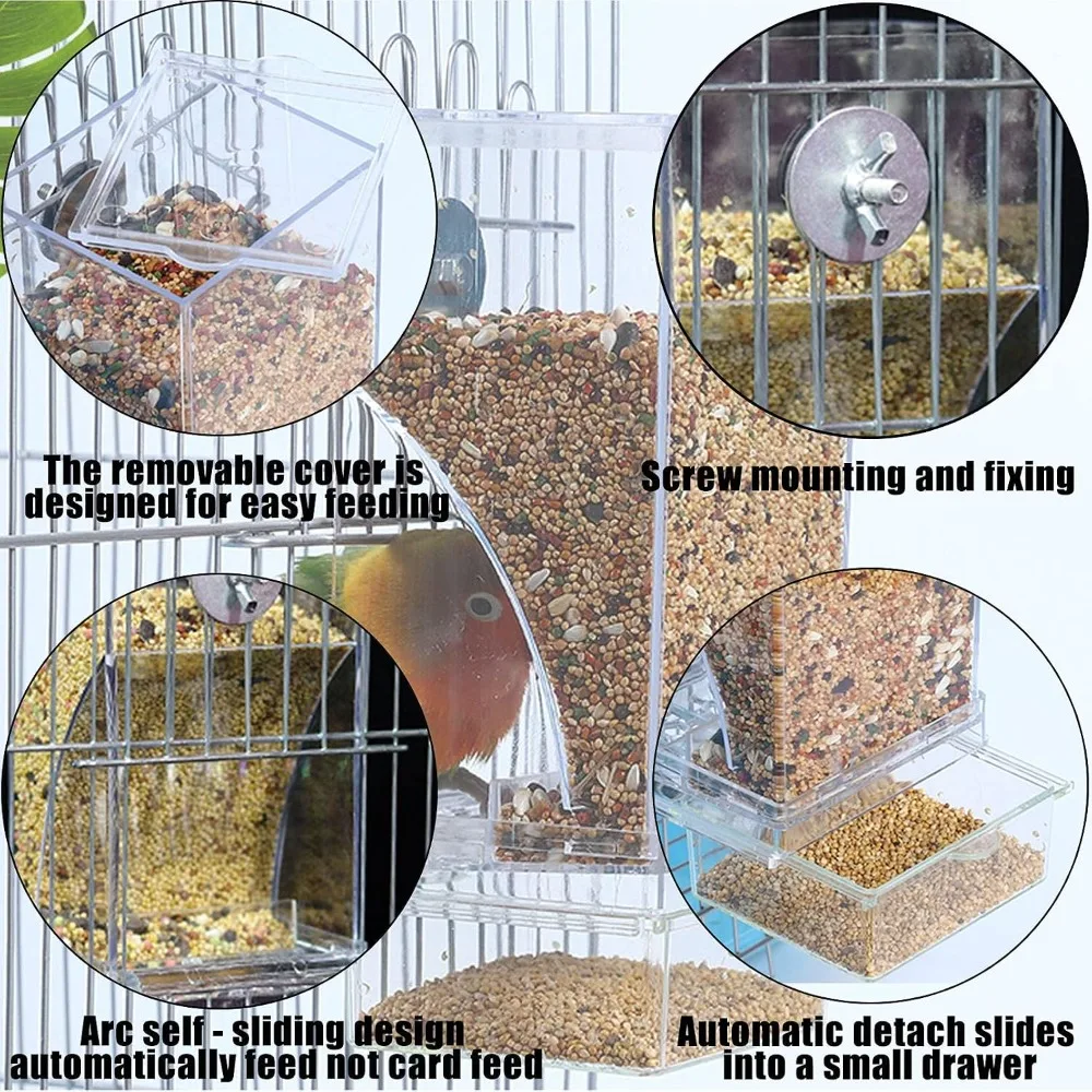 Automatic Bird Cage Feeder Transparent Acrylic Seed Container with Perch for Small Medium Parakeets Lovebirds Pet Bird Food Dispenser Cage Accessories view 3