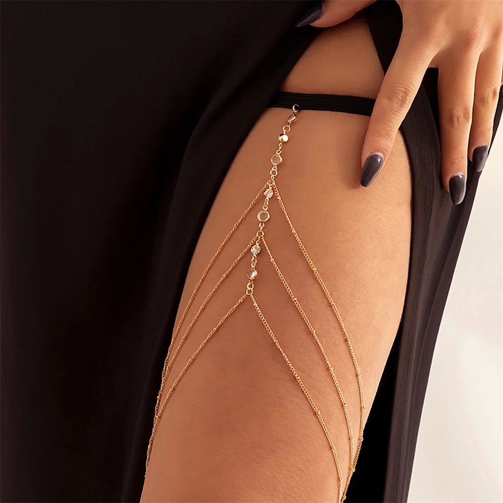 Boho Elastic Band Crystal Leg Thigh Chain for Women Summer Beach Sexy Tassel Multilayer Adjustable Body Jewelry Dress Decorate