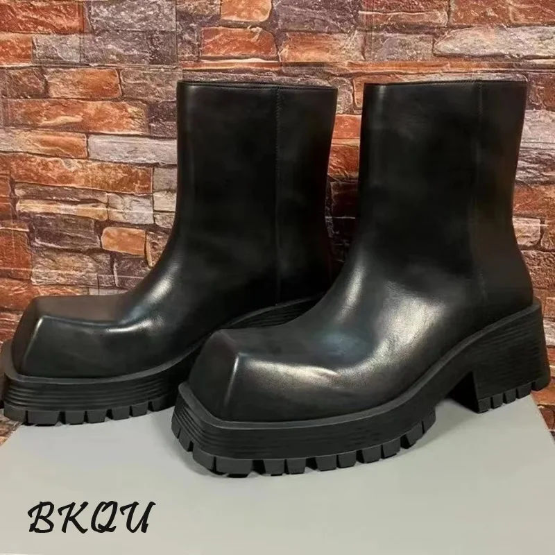 

BKQU Large Square Head Thick Sole Chelsea Boots for Women and Men 2024 Winter New Minority Short Boots Rain Boots