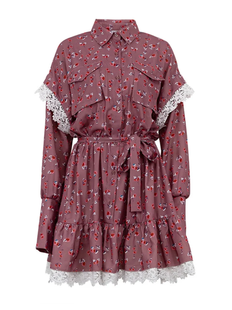 Spring New Floral Dress Women Fashion Lace Patchwork Long Sleeve Short Mini A-line Dresses With Belt Y2k Clothes Lady Dress