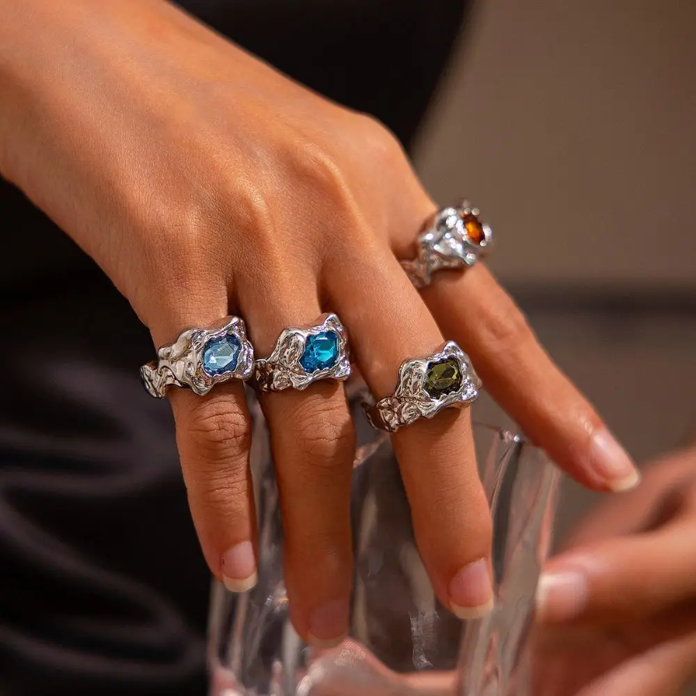 4 pcs Colorful Geometric Knuckle Ring Crystal Bracelets Metal Zircon Pleated Open Ring Stretchable Bangle Folding Ring