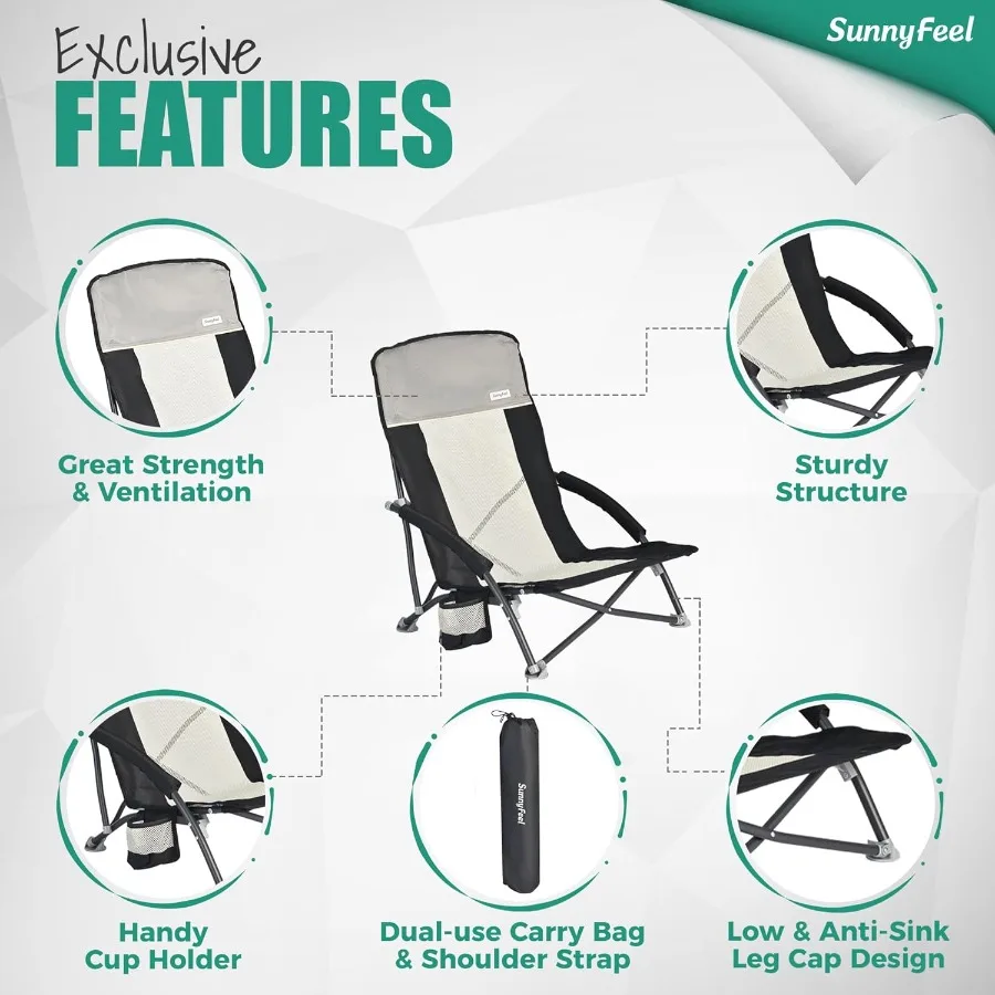 كرسي شاطئ منخفض قابل للطي للبالغين، كراسي تخييم للشاطئ خفيفة الوزن محمولة مع حامل أكواب ومسند للذراع قابل للطي #6
