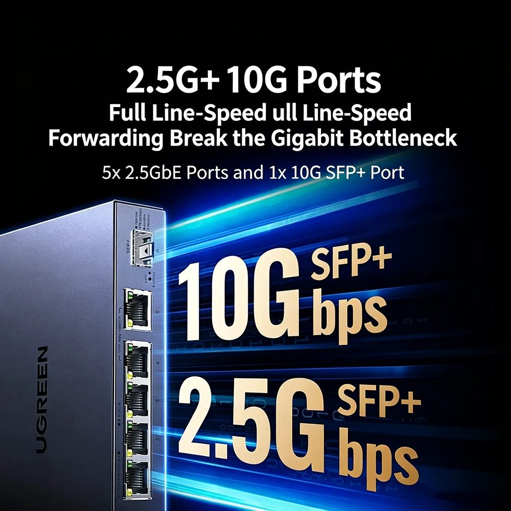 UGREEN 5 Ports 2.5G Network Switch with 10G SFP Port, Support VLAN and Link Aggregation, Network Splitter for NAS and Optical - view 3