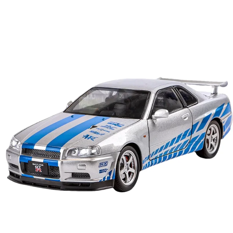 

1:24 Nissan GTR R34 diecasting alloy car model door Sound light boy collection decorative ornaments toys children's gifts.