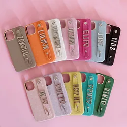 Holding Strap Personalization Custom Silver Metal Name Letter Leather Phone Case For IPhone 14 16 pro 15Pro 13Pro Max 12pro max