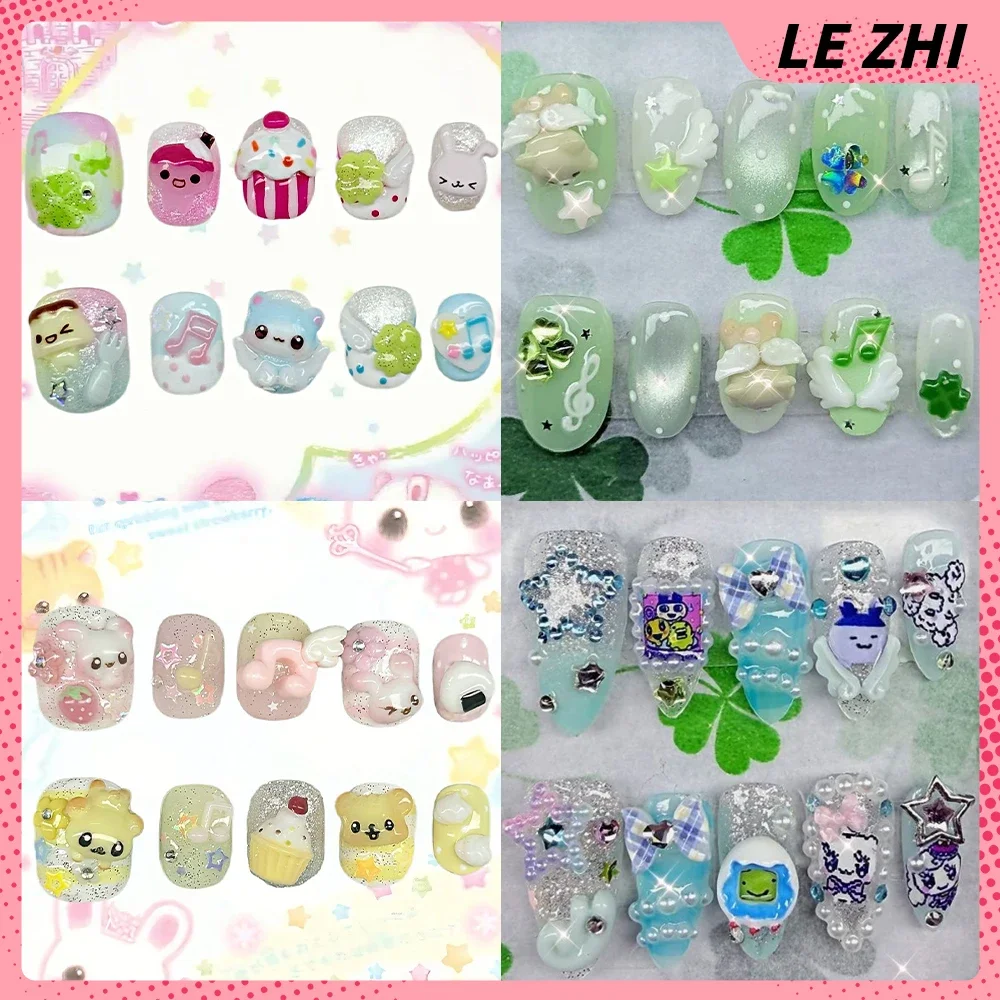 

Y2K Cute Animals Tamagotchi Short Square Handmade Press On Nail 3D Four-Leaf Clover Musical Notes Shining Star Diamond Fake Nail