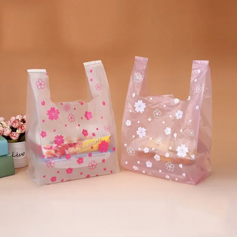 100 Plastic Bag with Handle Sakura 4 Sizes Transparent Supermarket Grocery Shopping Kitchen Storage Organization Packaging Gift