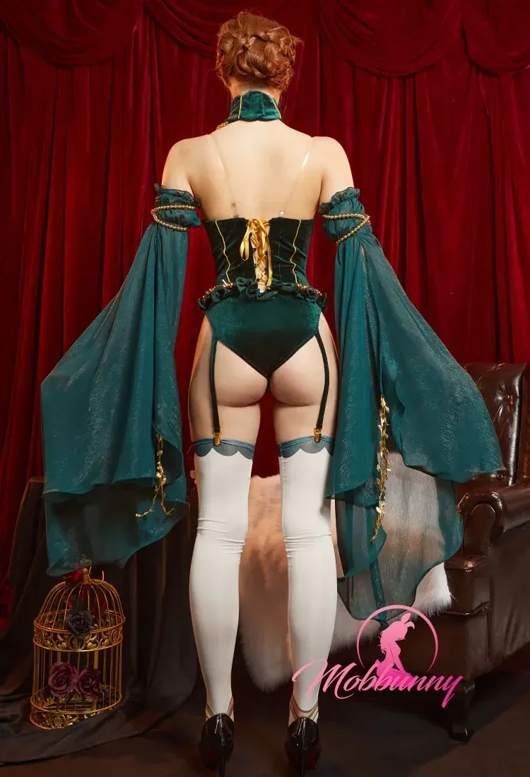 Mobbunny Women Medieval Style Sexy Lingerie Set Flower Decor Green Bodysuit with Stockings and Tulle Sleeves Cosplay Costumes