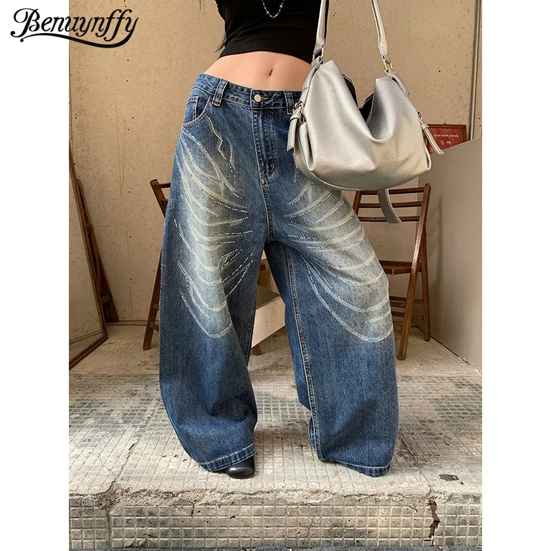 

Джинсы Benuynffy в американском ретро-стиле с стразами, женские, весна 2026, новая уличная мода, низкая посадка, Y2K, Харадзюку, широкие брюки