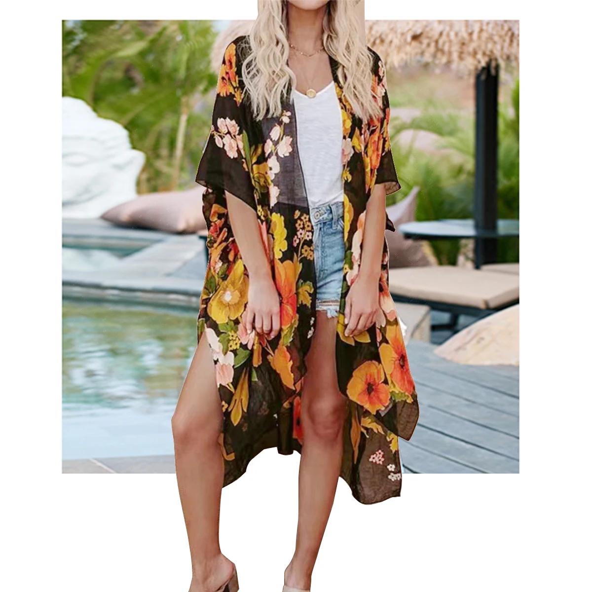 Women\'s Beach Swimsuit Coverups Floral Sheer Print Kimono Cardigan Summer Casual Swimwear Bikini Beach