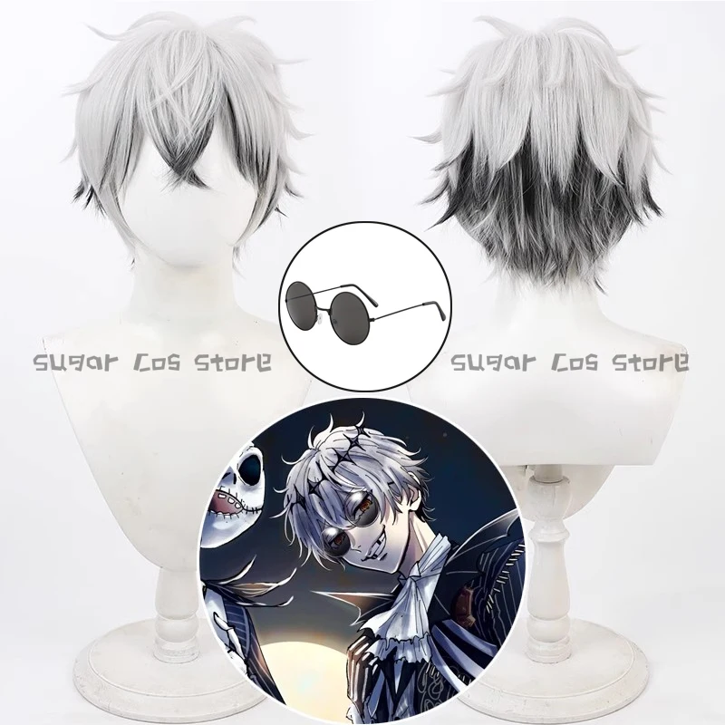 

Anime Twisted Wonderland Skully Cosplay Wig White Mixed Black Heat Resistant Hair Game Halloween Roleplay Party Costume Props