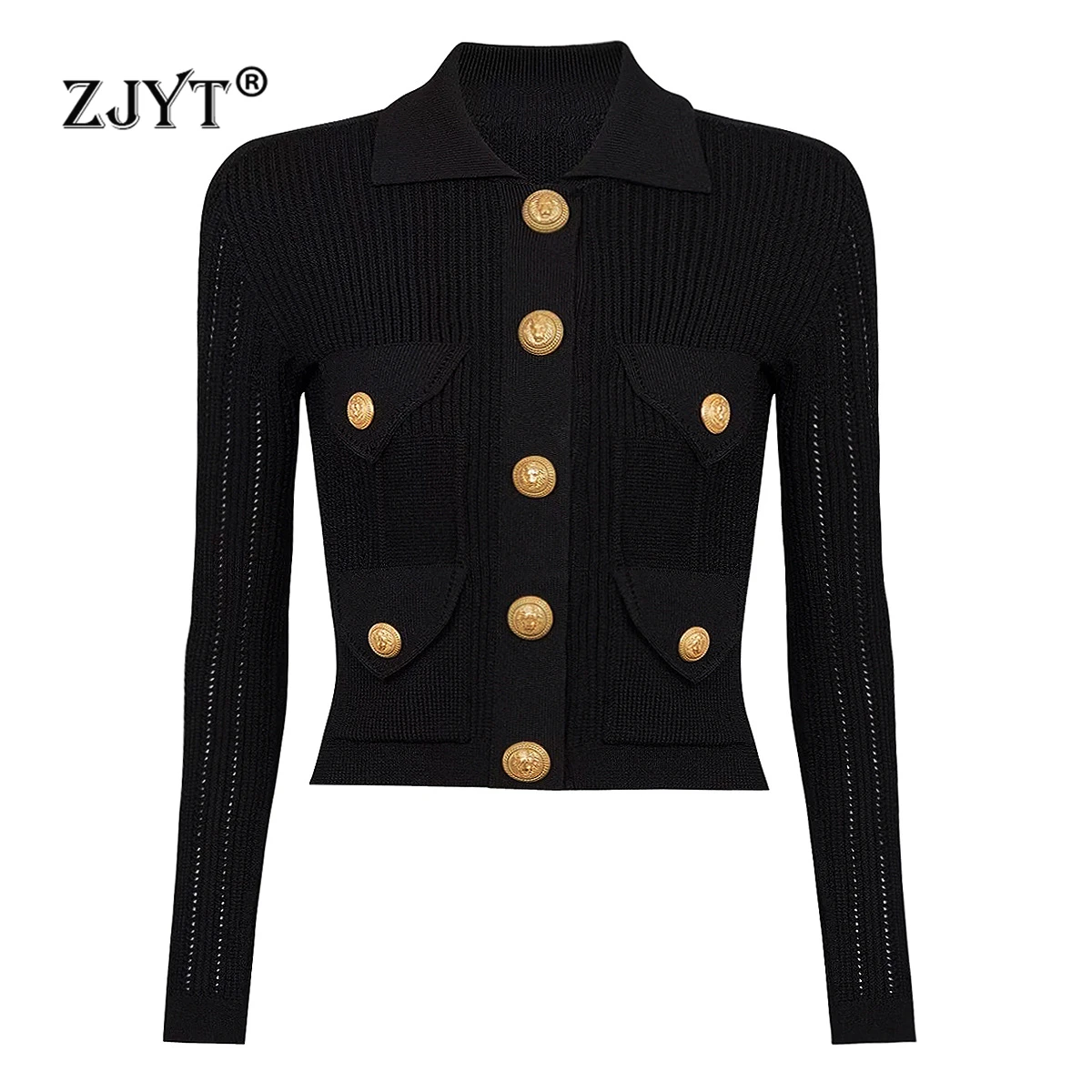 ZJYT 2025 Spring Metal Buttons Cardigan Coat Sweaters for Women Turn Down Neck Knitted Tops White Black Jersey Mujer Fashion New