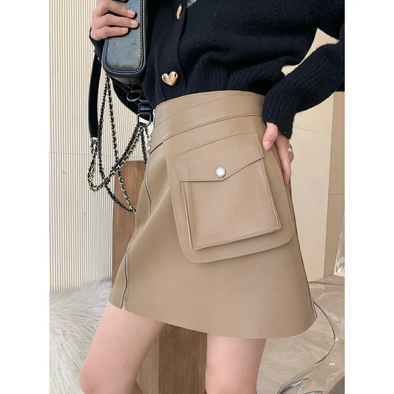 Sheepskin Faldas Cortas For Women Real Leather A-line  Mini Jupe Sexy European Female Wrap Hip Show Thin High Waist Short Skirt