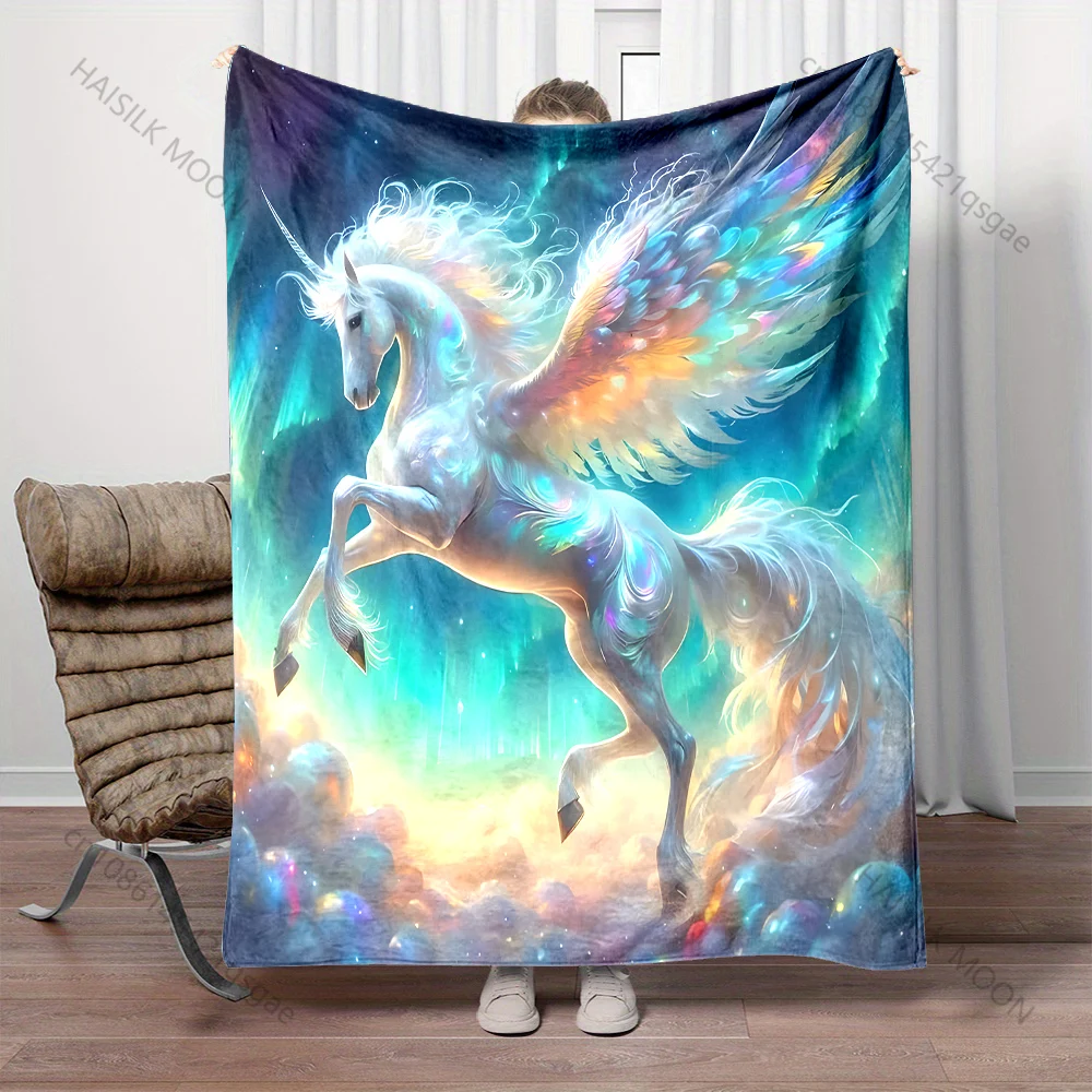 Multi Sizes Aurora Fantasy Style Unicorn Print Blanket Flannel Material Soft Warm for All Seasons Home Outdoor Camping Picnics