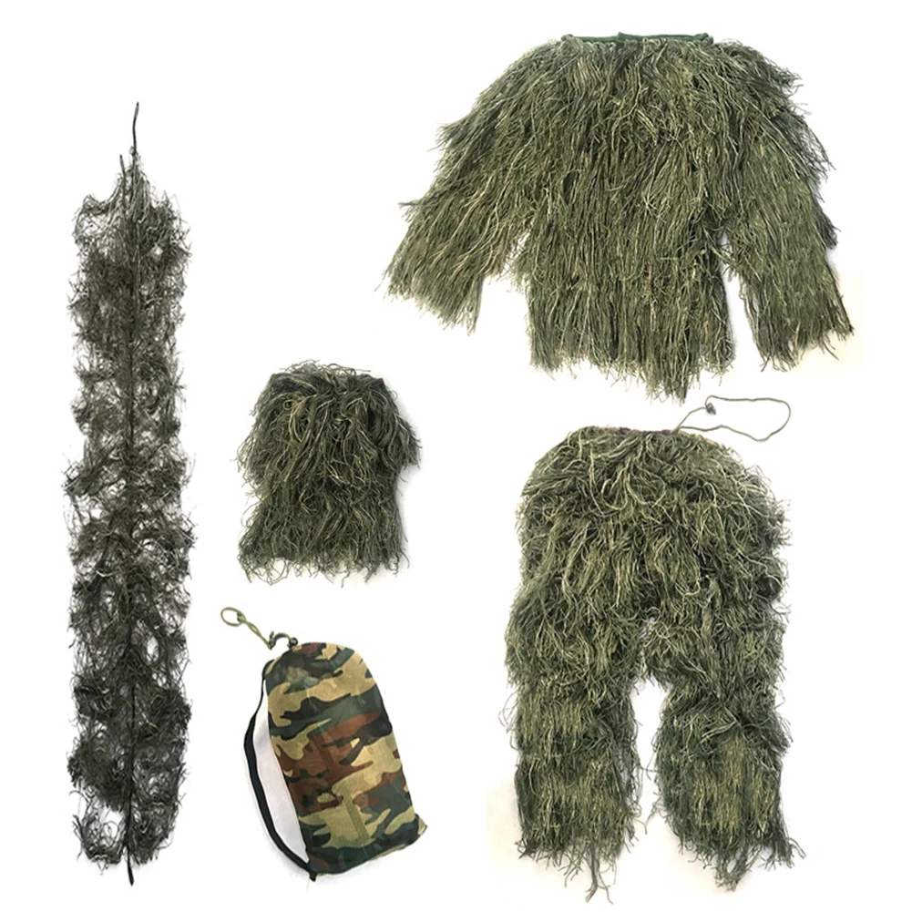 5Pcs/Set Camouflage Ghillie Suit with Jacket Pants Hood Carry Bag Woodland Hunter Ghillie Suit Hunt Clothing Parts