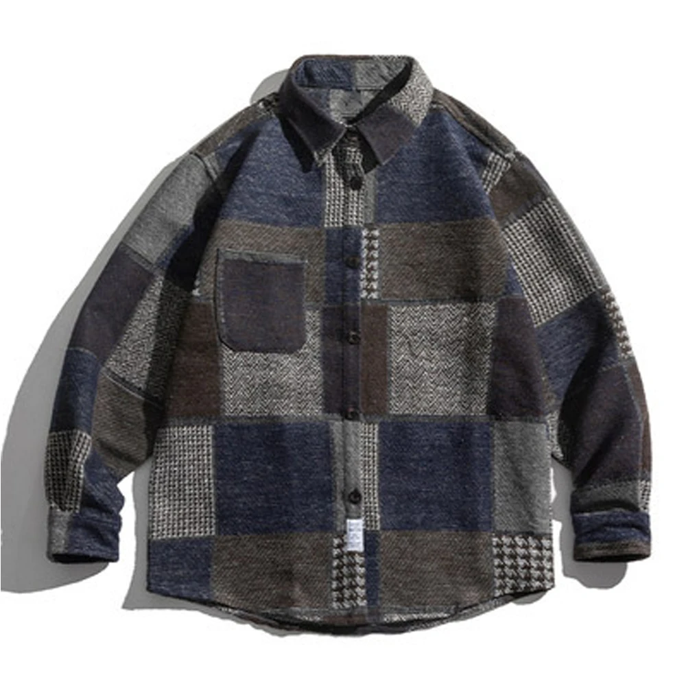 Autumn And Winter Japanese Vintage Splicing Plaid Shirt Men\'s Brushed Long-Sleeved Casual Thickened Versatile Woolen Shirt