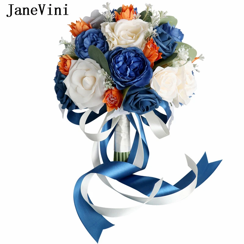 JaneVini-Bouquet de Mariage Artificiel Bleu Royal, Vintage, Décoration pour Mariée, Patients à l'Extérieur, Fleurs, Accessoires